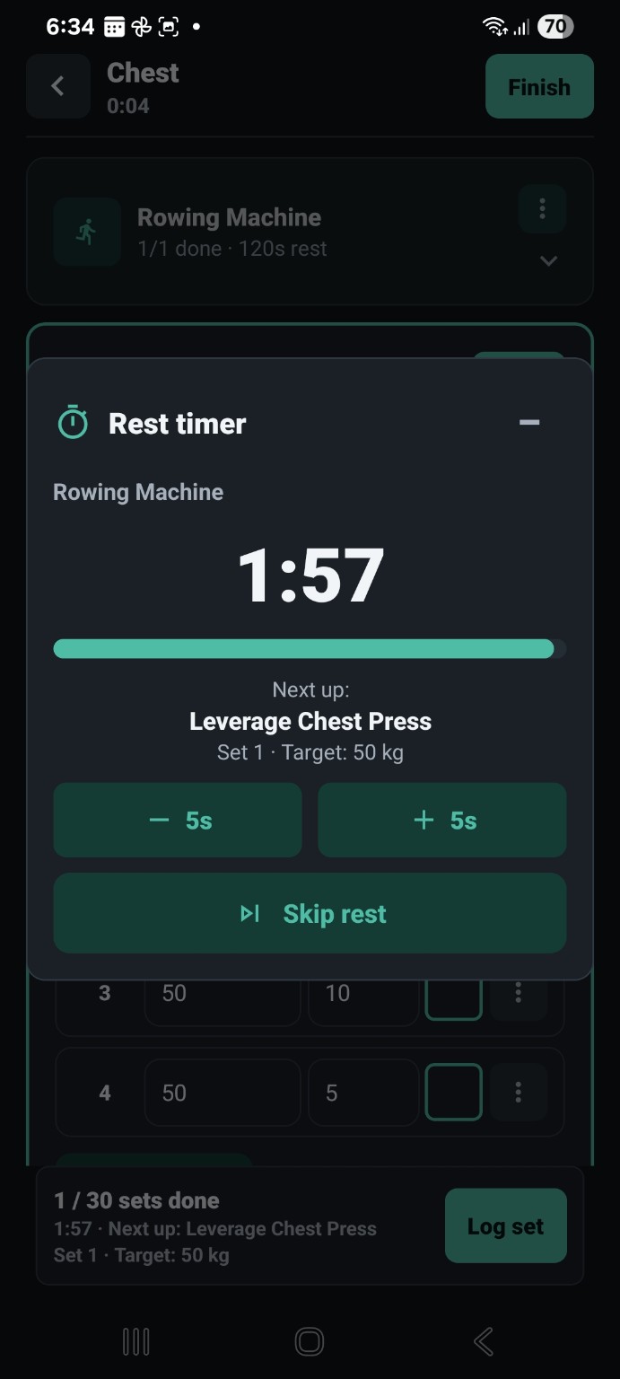 SetForward rest timer in dark mode showing remaining rest time between sets.